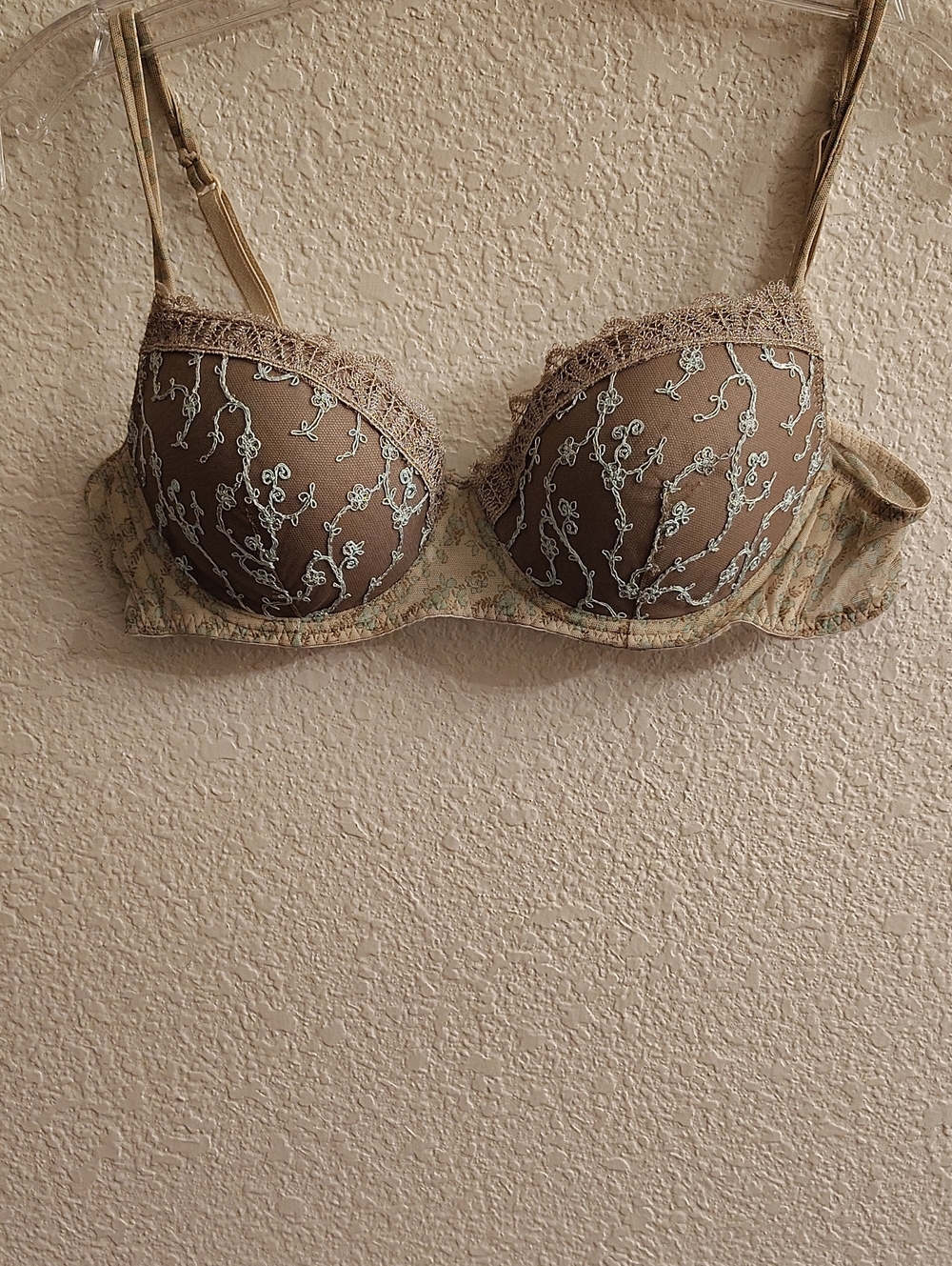 intimissimi Romantic Sz 34B Brown Cream Floral Embroidered Lace-Trim Bra B19X